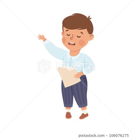 Little Boy Character Standing and Tell Story or Recite Poetry from Paper Vector Illustration 106076275