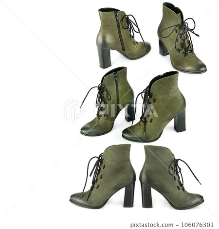 Beautiful female ankle boots isolated on white . Collage. Free space for text. 106076301