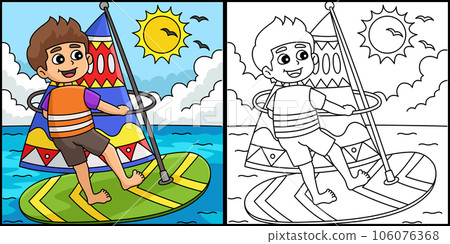 Boy Windsurfing Summer Coloring Page Illustration 106076368