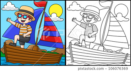 Boy on the Boat Summer Coloring Page Illustration 106076369