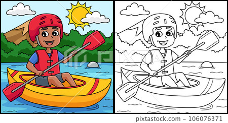 Boy Kayaking in Summer Coloring Page Illustration Boy Kayaking in Summer Coloring Page Illustration 106076371