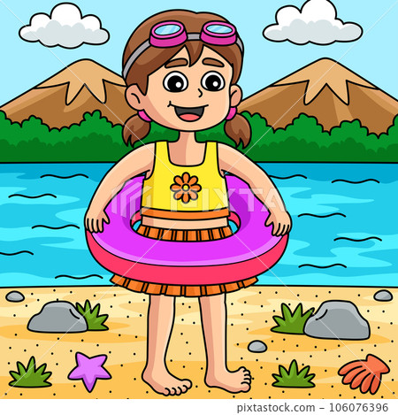 Girl in Swimsuit Outfit in Summer Colored Cartoon Girl in Swimsuit Outfit in Summer Colored Cartoon 106076396
