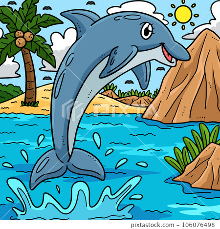 Summer Dolphin Jumping Out of Water Colored Summer Dolphin Jumping Out of Water Colored 106076498