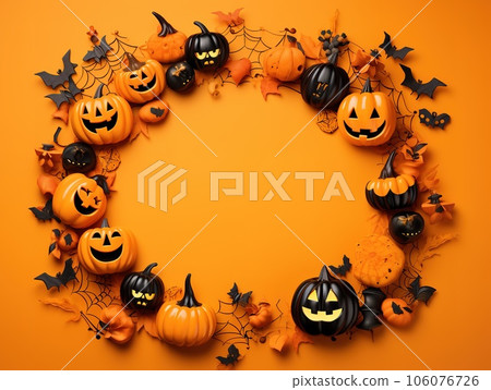 Halloween frame flat lay. Modern pumpkins jack o lantern, spiders, bats frame on background with space for text. Season's greeting card. Happy Halloween 106076726
