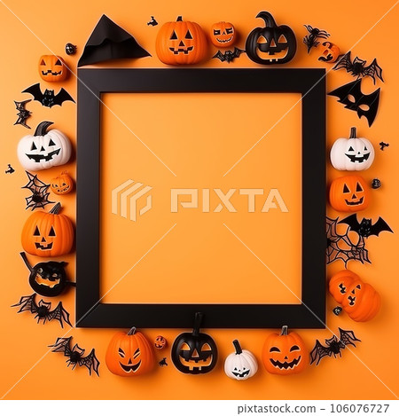 Halloween frame flat lay. Modern pumpkins jack o lantern, spiders, bats frame on background with space for text. Season's greeting card. Happy Halloween Halloween frame flat lay. Modern pumpkins jack o lantern, spiders, bats frame on background with space for text. Season's greeting card. Happy Halloween 106076727