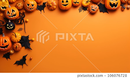 Halloween frame flat lay. Modern pumpkins jack o lantern, spiders, bats frame on background with space for text. Season's greeting card. Happy Halloween Halloween frame flat lay. Modern pumpkins jack o lantern, spiders, bats frame on background with space for text. Season's greeting card. Happy Halloween 106076728