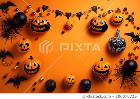 Halloween frame flat lay. Modern pumpkins jack o lantern, spiders, bats frame on background with space for text. Season's greeting card. Happy Halloween Halloween frame flat lay. Modern pumpkins jack o lantern, spiders, bats frame on background with space for text. Season's greeting card. Happy Halloween 106076729