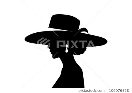 Vector Silhouette Portrait of a Woman in a Hat. Black and White Illustration of a Beautiful Girl, Vintage Cutout Style, Design Template for Logo, Banner, Tattoo etc Vector Silhouette Portrait of a Woman in a Hat. Black and White Illustration of a Beautiful Girl, Vintage Cutout Style, Design Template for Logo, Banner, Tattoo etc 106076838