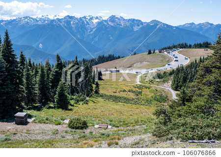 Distant view burned visitor center on Hurricane Ridge in Olympic National Park. 106076866