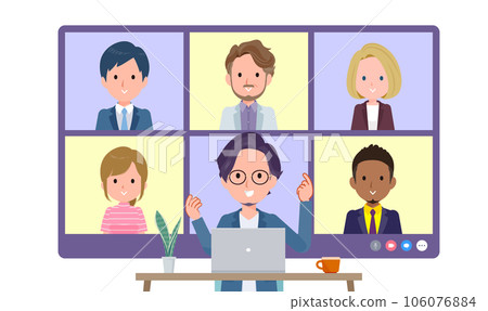 A set of business men having an online meeting with multiple people. front angle 106076884