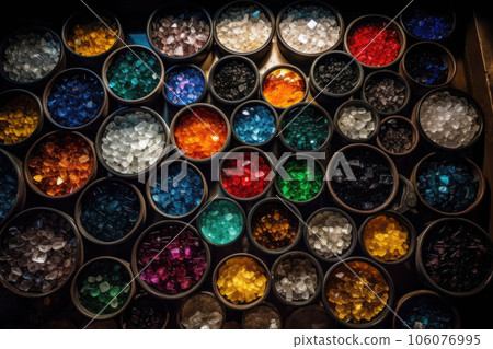 A top view of the bowls with gemstones. Natural gemstone mineral material for jewelry. Generative AI 106076995