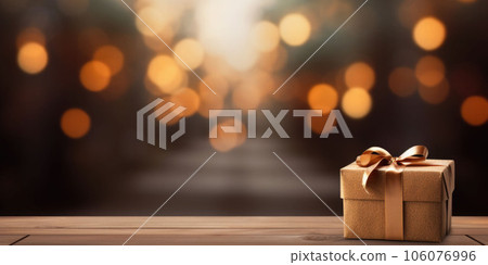 Gift box on wooden table as natural background with copyspace. AI generated 106076996