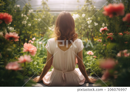 Girl from the back doing yoga in the spring garden. Grass and flower surrounding. AI generated 106076997