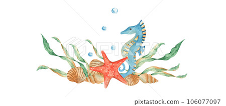 Underwater garland composition of cute seahorse, seaweeds, red starfish, seashells and watter bubbles. Watercolor marine illustration. For cards, menu, marine beach design. Underwater garland composition of cute seahorse, seaweeds, red starfish, seashells and watter bubbles. Watercolor marine illustration. For cards, menu, marine beach design. 106077097