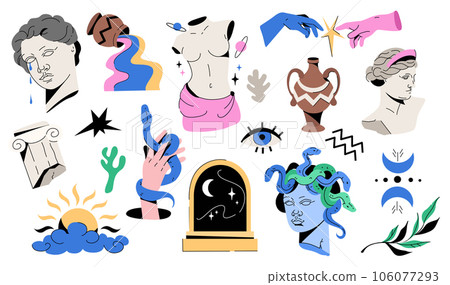 Ancient greek statue and trendy psychedelic design elements set Ancient greek statue and trendy psychedelic design elements set 106077293