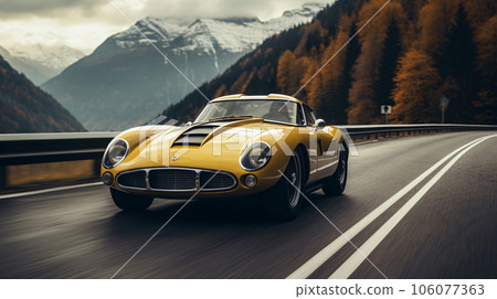 Yellow vintage sports car on mountain road - AI Generated Yellow vintage sports car on mountain road - AI Generated 106077363