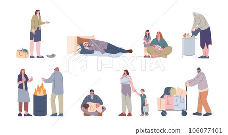 Homeless adult people, poor women and men. Poverty, unemployed and refugees. Person life on street, beggar and social isolation kicky vector scenes Homeless adult people, poor women and men. Poverty, unemployed and refugees. Person life on street, beggar and social isolation kicky vector scenes 106077401