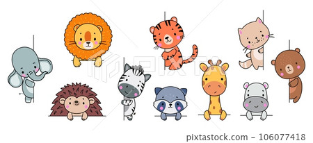 Animals looking out, funny animal peeking out window and wall. Cartoon lion, cat, hedgehog, adorable elephant and tiger, nowaday vector characters 106077418