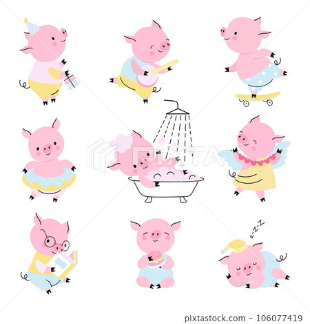 Cute pigs, cute pid activities. Piggy cartoon characters, funny childish isolated farm animal in different poses, reading, dancing nowaday vector set 106077419