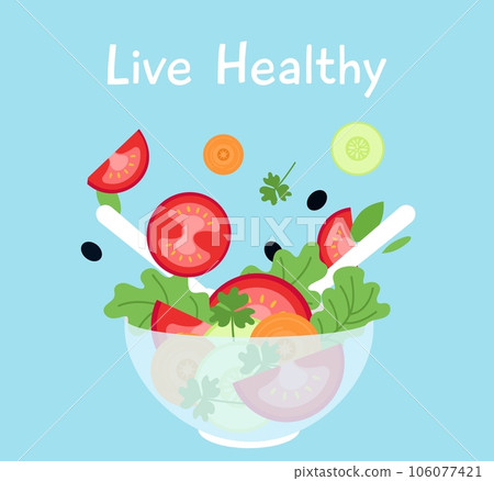 Diet food poster with vegetables salad bowl and cutlery. Vegetarian healthy lunch or dinner. Tomatoes, cucumber cut and green, decent vector card 106077421