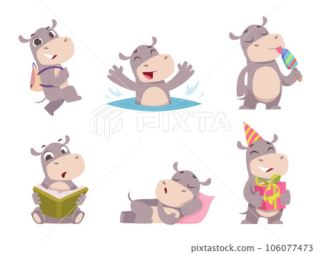 Hippo. Cute african cartoon wild animals in action poses exact vector hippo collection 106077473