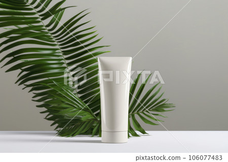 A mock-up white tube for cream on the background of palm leaves 106077483