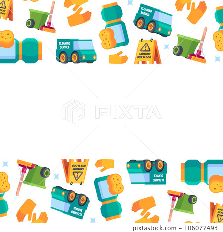 Laundry background. cleaning service print design template with pictures of brushes detergents rags vacuum cleaner 106077493