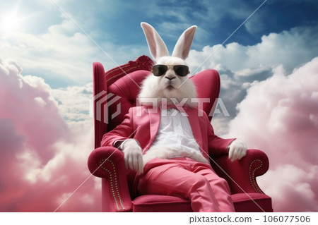 A white hare in sunglasses and a pink suit is sitting in a chair on a cloud A white hare in sunglasses and a pink suit is sitting in a chair on a cloud 106077506