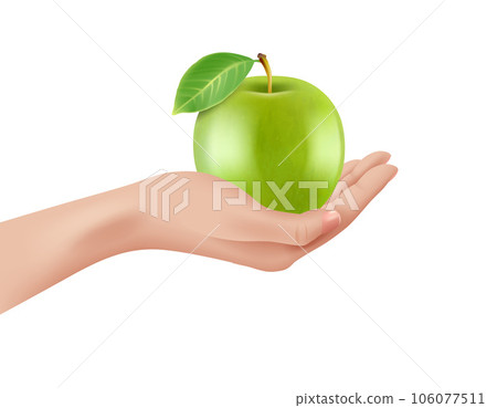 Hand holding apple. green healthy apple in woman hand. Vector realistic template isolated on white 106077511