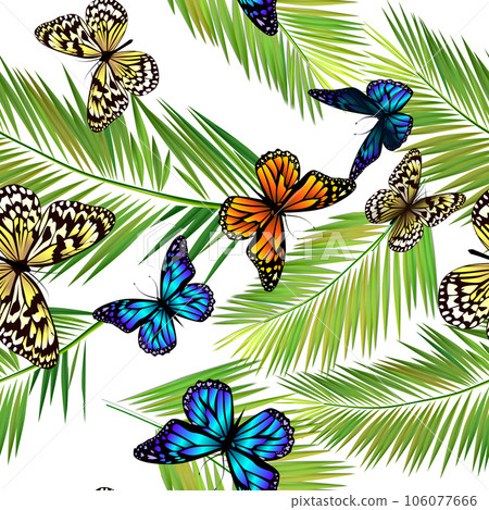 Palm leaves and butterflies seamless pattern on white background. Vector background 106077666