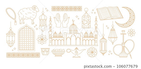 Traditional arabic symbols, golden line lantern and ornate borders. Sheep and muslim mosaic, floral decorative elements. Arab racy vector set 106077679