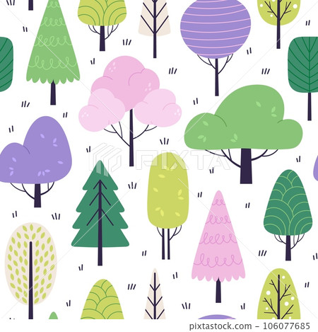 Doodle tree seamless pattern, trees and bush colorful design. Scandinavian nature minimal fabric print, abstract forest racy vector background 106077685