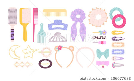 Cartoon hair slide and clips, girls hairbands items. Plastic pins, flat fabric rubbers. Hairdressing equipment, fashion female band racy vector set 106077688