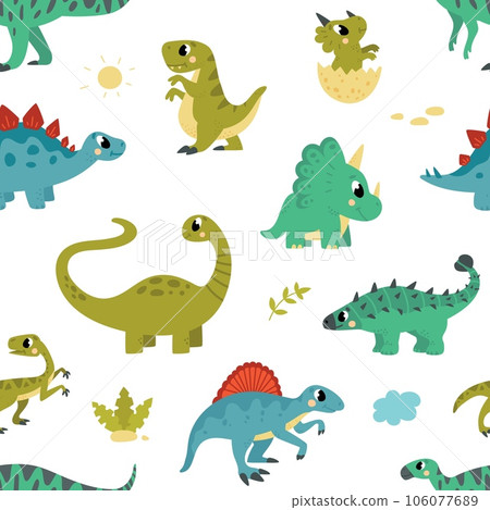 Dino seamless pattern, dinosaurs happy fabric cartoon print design. Cute dinosaur surface, adorable childish characters classy vector background 106077689