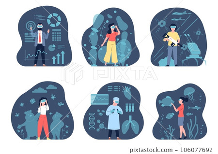 People wear vr glasses for entertainment. Virtual reality in life, work and free time. Ai technologies, person using digital applications recent vector scenes 106077692
