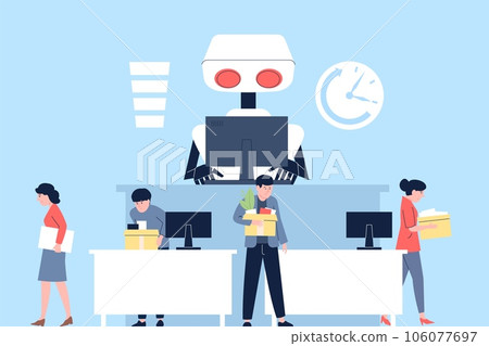Robot vs people on work, office workers fired. Technology progress, robotics development on job. Android works on laptop, digital recent vector scene 106077697