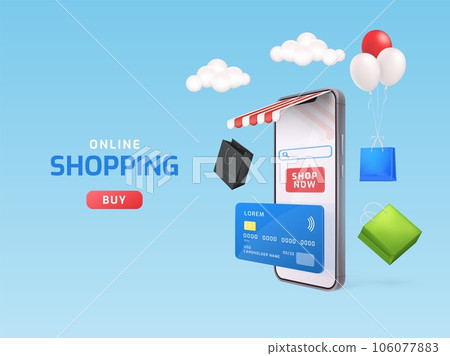 Realistic smartphone store. Ecommerce market, 3d render phone shop canopy online payment mobile purchase supermarket digital deal internet gift promotion decent vector illustration Realistic smartphone store. Ecommerce market, 3d render phone shop canopy online payment mobile purchase supermarket digital deal internet gift promotion decent vector illustration 106077883