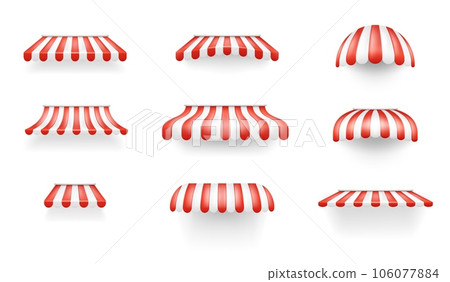 Shop sheds. Store canopy marquise tent for window cafe, scalloped canvas roof outdoor shelter house or beautiful awning of storefront market, realistic decent vector illustration Shop sheds. Store canopy marquise tent for window cafe, scalloped canvas roof outdoor shelter house or beautiful awning of storefront market, realistic decent vector illustration 106077884