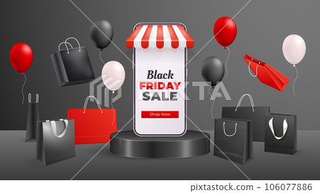 Black friday bag. Elegant shopping bags special offer deals big sale ad, fashion shop display product paper handbag minimal dark background store banner decent vector illustration 106077886