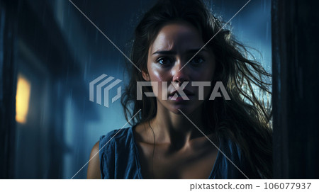 Horrified woman, scared girl stands near house in rain at night, fear theme 106077937