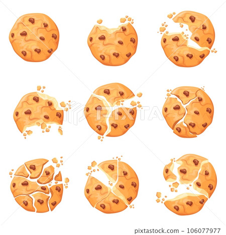 Crumbling cookie. Crunchy yummy cookies with chocolate crumb broken texture, bitten piece of homemade biscuit sugar chip cake traditional sugar dessert, neat vector illustration Crumbling cookie. Crunchy yummy cookies with chocolate crumb broken texture, bitten piece of homemade biscuit sugar chip cake traditional sugar dessert, neat vector illustration 106077977