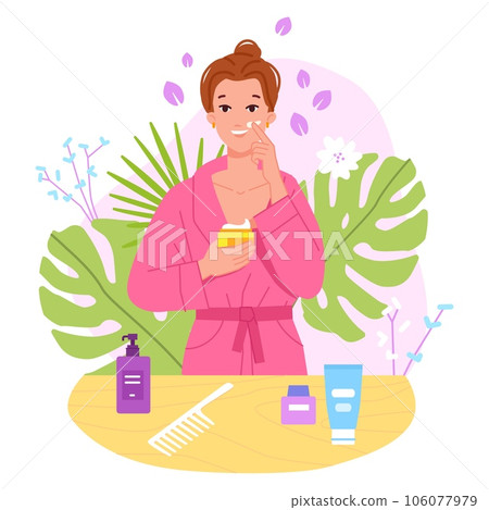 Woman applying moisturizing. Skincare lifestyle, girl cleaning skin pores from scar with moisturizer facial lotion, essential makeup home anti-acne cream beauty vector illustration 106077979