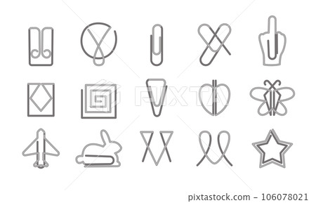 Paper clip icons set on white background. Office paperclips in different forms Paper clip icons set on white background. Office paperclips in different forms 106078021
