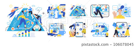 Memphis business illustration, company - modern outlined flat vector concept illustrations set, corporate Corporate Memphis style business metaphor 106078045