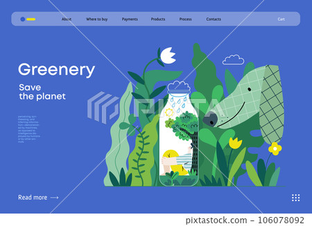 Greenery, ecology -modern flat vector concept illustration of a man in teh bottle, his ecosystem. Dog in a park. Metaphor of environmental sustainability and protection, closeness to nature 106078092