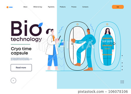 Bio Technology, Cryocapsule Time Freezer -modern flat vector concept illustration of futuristic cryocapsules resembling frozen time vaults. Metaphor of preserving life, time through cryonic technology 106078106