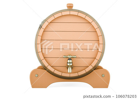 Wooden barrel with valve and stand, front view. 3D rendering 106078203