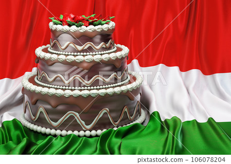 Chocolate cake on the Hungarian flag background, 3D rendering Chocolate cake on the Hungarian flag background, 3D rendering 106078204
