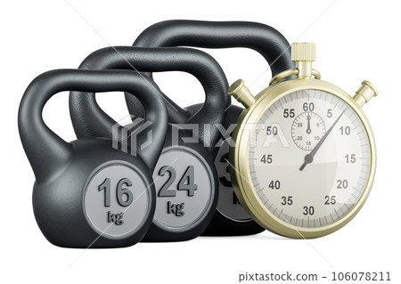Kettlebells with stopwatch. Sport time, concept. 3D rendering 106078211