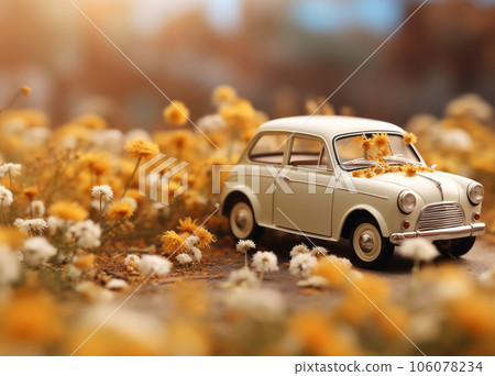 A small blue childrens car stands on an autumn yellow background and beautiful white daisies are on it A small blue childrens car stands on an autumn yellow background and beautiful white daisies are on it 106078234